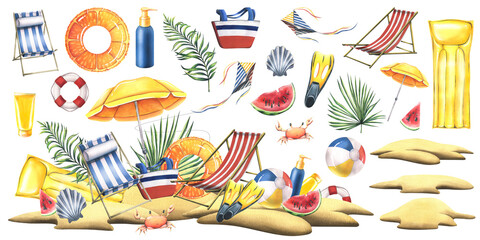 Sea beach with sun loungers, inflatable toys, sun umbrella, tropical palm leaves. Watercolor illustration, hand drawn. A set isolated composition with elements on a white background