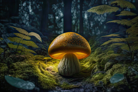 A beautiful mushroom in the woods, sunlight from behind - Generative AI