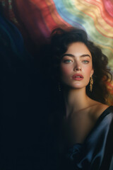 Fototapeta premium portrait of a woman/model/book character with rainbow for lgbtq + awareness with thoughtful/sad expression in a fashion/beauty editorial magazine style film photography look - generative ai art