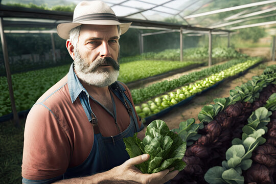 A farmer growths his vegetables in the greenhouse - Generative AI