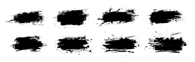  Black dried paint splattered in dirty style. Isolated black ink stencils for graphic design, text fields. Artistic texture of ink brush strokes, splatter stains, callout. Paintbrush, stroke vector set © SergeyBitos