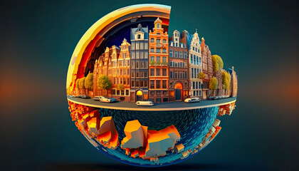 Obraz premium Cross section of planet Earth with Amsterdam landmarks - Generative AI