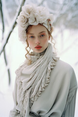 portrait of a woman/model/book character surrounded by snow in wintery landscape with a thoughtful expression in a fashion/beauty editorial magazine style film photography look - generative ai art