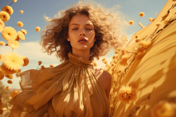 portrait of a woman/model/book character surrounded by red flowers in warm daylight with a thoughtful expression in a fashion/beauty editorial magazine style film photography look - generative ai art