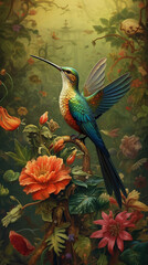 Anthropological hummingbird painting style imagery. Created using ai generative. 