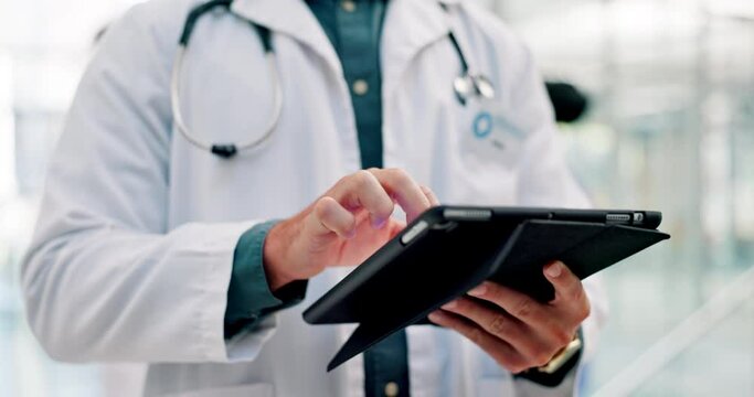 Tablet, healthcare and doctor hands typing for clinic management, data and information or paperless charts. Telehealth, services and medical professional person with digital technology in a hospital