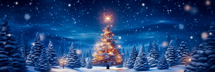 Naklejka na ściany i meble A wintery backdrop with a Christmas tree elegantly decorated. Snowy scenery for Christmas. Generative AI