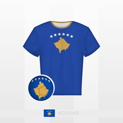 Football uniform of national team of Kosovo with football ball with flag of Kosovo. Soccer jersey and soccerball with flag.
