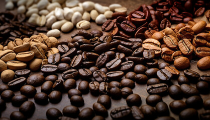 Fresh roasted coffee beans. Top view of different varieties mixture of coffee beans on dark vintage background - obrazy, fototapety, plakaty