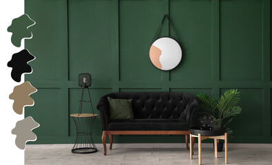 Interior of stylish room with round mirror, velvet sofa and tables near green wall. Different color patterns