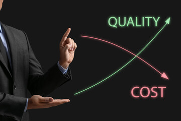 Businessman using virtual screen on dark background. Cost reduction