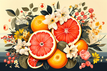 Grapefruits, oranges and flowers, bright summer still life. Generative AI