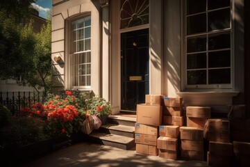 Photographic Capture of Huge Stacks of Packages in Front of a Colorful Door on an English-Style Street, Embraced by Trees, Bathed in Summer's Sunny Light