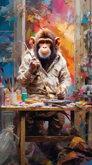Monkey painting in messy art room splattered with abstract paint. Created using ai generative. 