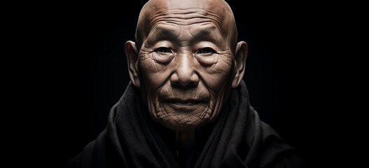 Fototapeta na wymiar portrait of an asian mature buddist monk in low key. Image generative AI.