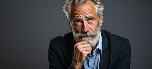 portrait of a mid aged man with worried face expression isolated on flat color background. Image generative AI.