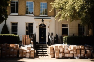 Photographic Capture of Huge Stacks of Packages in Front of a Colorful Door on an English-Style Street, Embraced by Trees, Bathed in Summer's Sunny Light