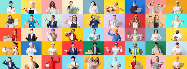 Group of people of different professions on color background - obrazy, fototapety, plakaty
