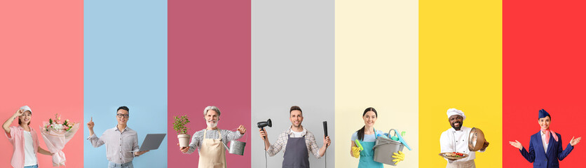 Group of people of different professions on color background