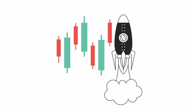 Stock market trends bw 2D animation. Trading candlesticks stocks with rocket take off 4K video motion graphic. Buying and selling monochrome outline animated cartoon flat concept, white background