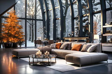 Fototapeta na wymiar Interior in modern style in gray with winter views. Generative AI