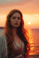Fototapeta premium illustration of a woman/book character in formal clothes overlooking the coastline during sunset looking lost/sad/thoughtful reminding of Scottish landscapes