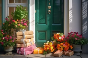 Fototapeta na wymiar Photographic Capture of a Stack of Packages in Front of a Colorful Door on an English-Style House Adorned with Summer Flowers, Bathed in Sunny Light
