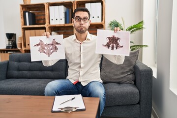 Young hispanic man with beard holding rorschach test puffing cheeks with funny face. mouth inflated with air, catching air. - obrazy, fototapety, plakaty