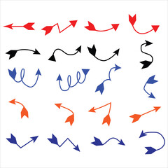 Set of vector curved arrows hand drawn. Sketch doodle style. Collection of pointers.