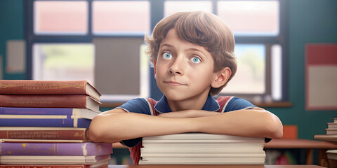 A primary school student leans on books in the classroom - Generative AI