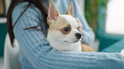 Young hispanic woman with chihuahua dog hugging siting on the table at dinning room