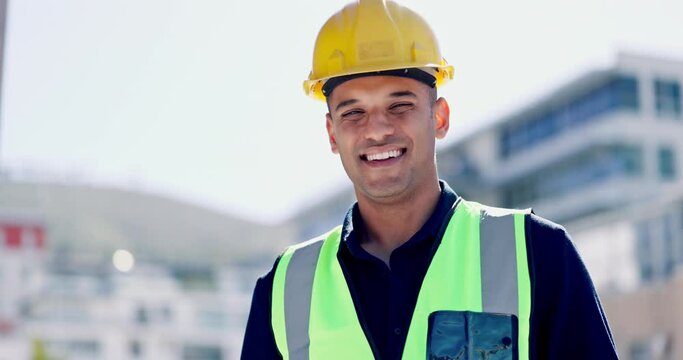 Industrial construction, face or happy man in city for building inspection, civil engineering or site planning. Portrait of male architect, contractor or builder reading notes of property development