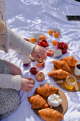 breakfast on the nature , women hand preparing food