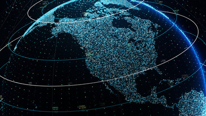 Digital grid and lines over spinning 3D big data Earth globe. Worldwide 5G communications signal transmit. Global internet network connection. Modern technologies and digitalization concept.