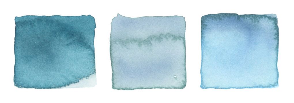 Ink watercolor hand drawn square stain blot. Wet blue pastel color paper texture background. Set.