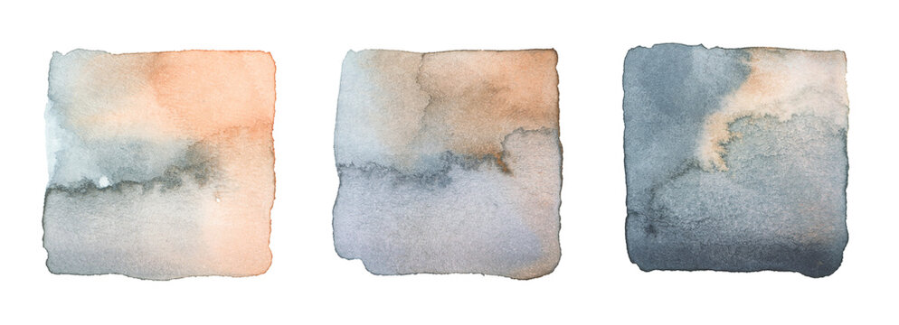 Ink watercolor hand drawn square stain blot. Wet pastel color paper texture background. Set.