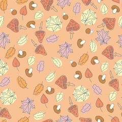 Seamless pattern of mushrooms and autumn leaves. Toadstools Autumn. Vegetable print. A pattern of simple elements. Vector illustration.