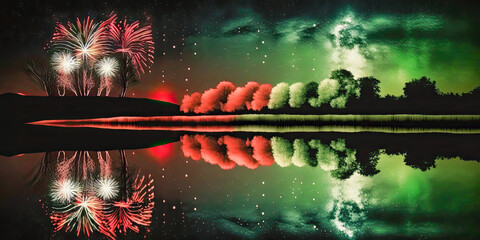 Red white & green fireworks reflecting in lake - Generative AI