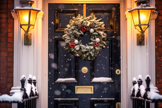 Christmas holiday, country cottage and snowing winter, wreath decoration on a door, Merry Christmas and Happy Holidays wishes, generative ai