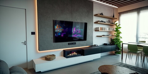 TV living room with cement wall and wall-mounted fireplace - Generative AI