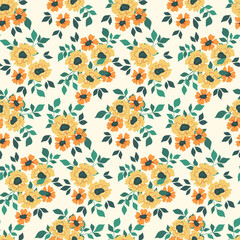 Seamless floral pattern, liberty ditsy print in a delicate rustic style. Beautiful botanical design, ornament: hand drawn yellow flowers, small leaves, bouquets, white background. Vector illustration.