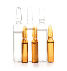 Glass medical ampules on white background