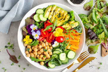 Vegan Buddha Bowl with Chickpeas, Avocado and Fresh Vegetables, Healthy Eating, Vegetarian Meal