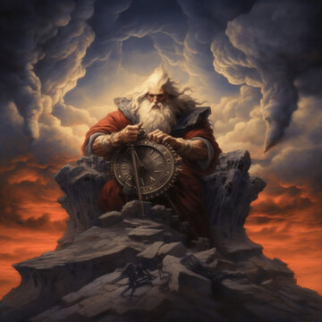Cronos, god of time,Epic Fantasy Warrior on Mountain Peak