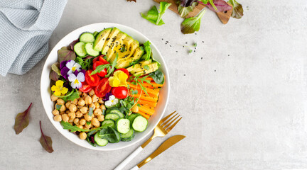 Vegan Buddha Bowl with Chickpeas, Avocado and Fresh Vegetables, Healthy Eating, Vegetarian Meal