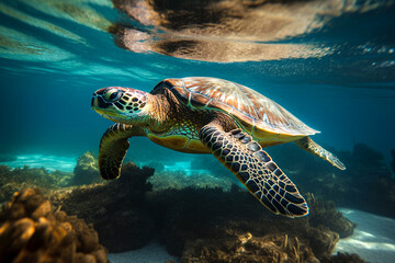Fototapeta na wymiar Hawaiian Green Sea Turtle (Chelonia mydas) swimming underwater. selective focus.