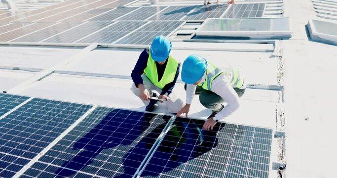 Solar energy, men and construction team with tablet for planning civil engineering in city. Industrial upgrade, collaboration and digital technology at power grid, photovoltaic system and innovation