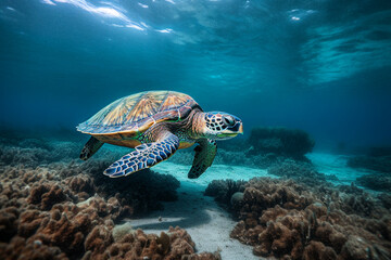 Hawaiian Green Sea Turtle (Chelonia mydas) swimming underwater in the ocean. selective focus.