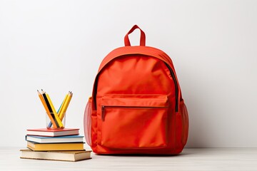 Stylish red fabric school backpack and a stack of books with pencils on a white background.