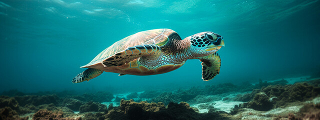 Fototapeta na wymiar Green sea turtle swimming underwater in the ocean. Snorkeling and diving concept. selective focus.
